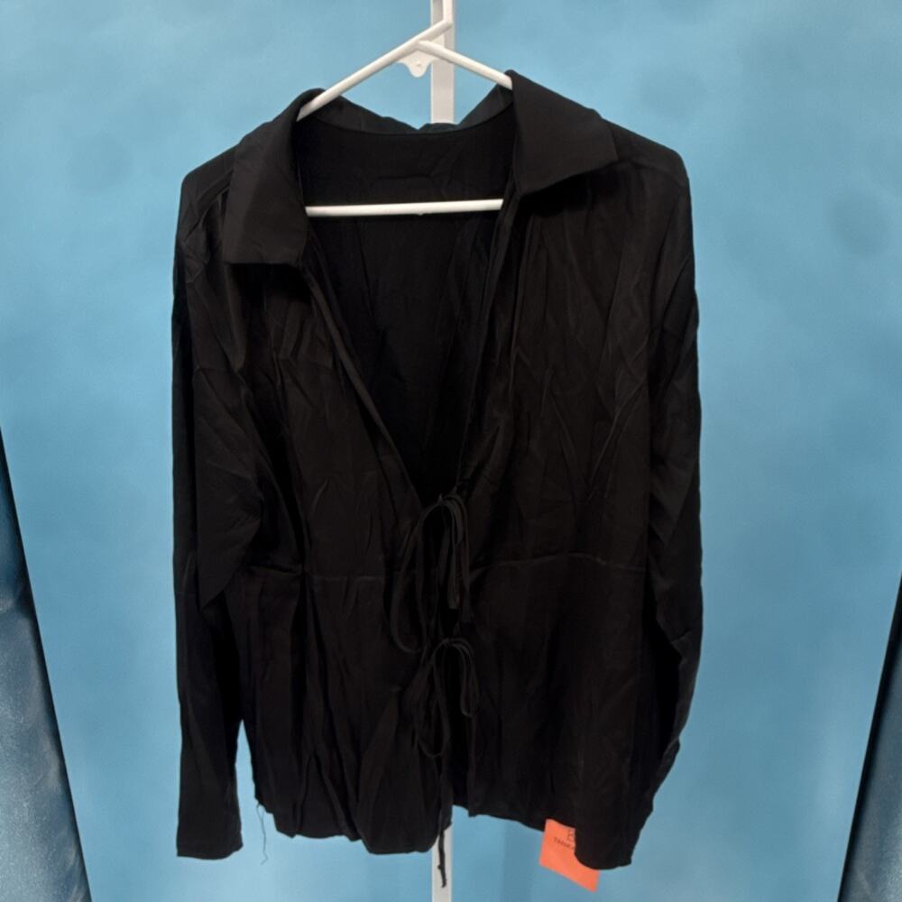 Women's Black Tie Closure Blouse Long Sleeve Collared H9H424 Size XXL